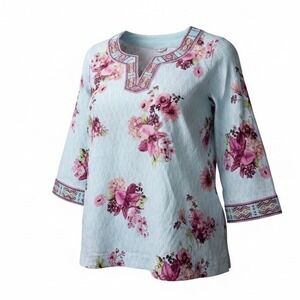 John Mark Womens Size 3X Blue Floral Beaded  V-Neck Linen Blend Tunic NWT